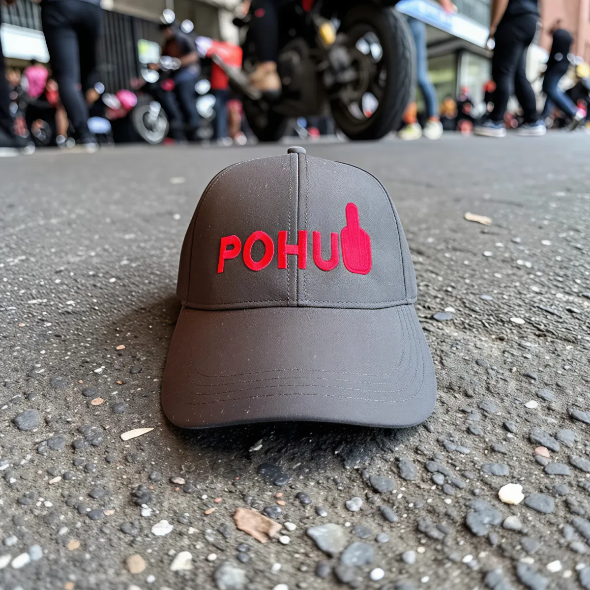Klassische Cap "POHU" Schwarz mit roter Stickerei