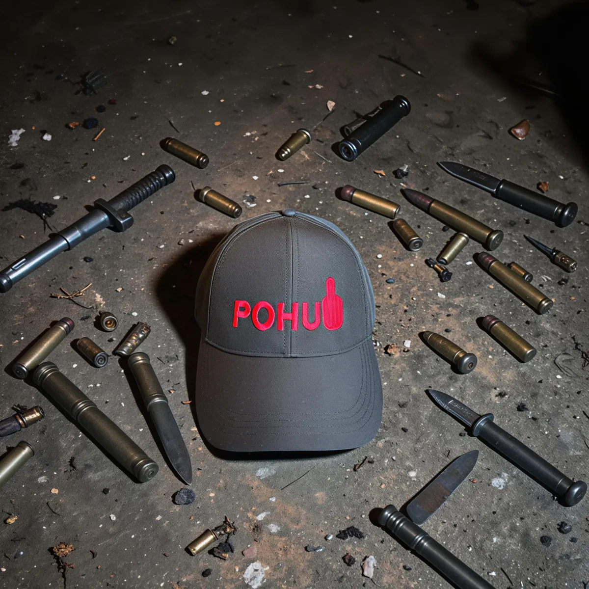 Klassische Cap "POHU" Schwarz mit roter Stickerei