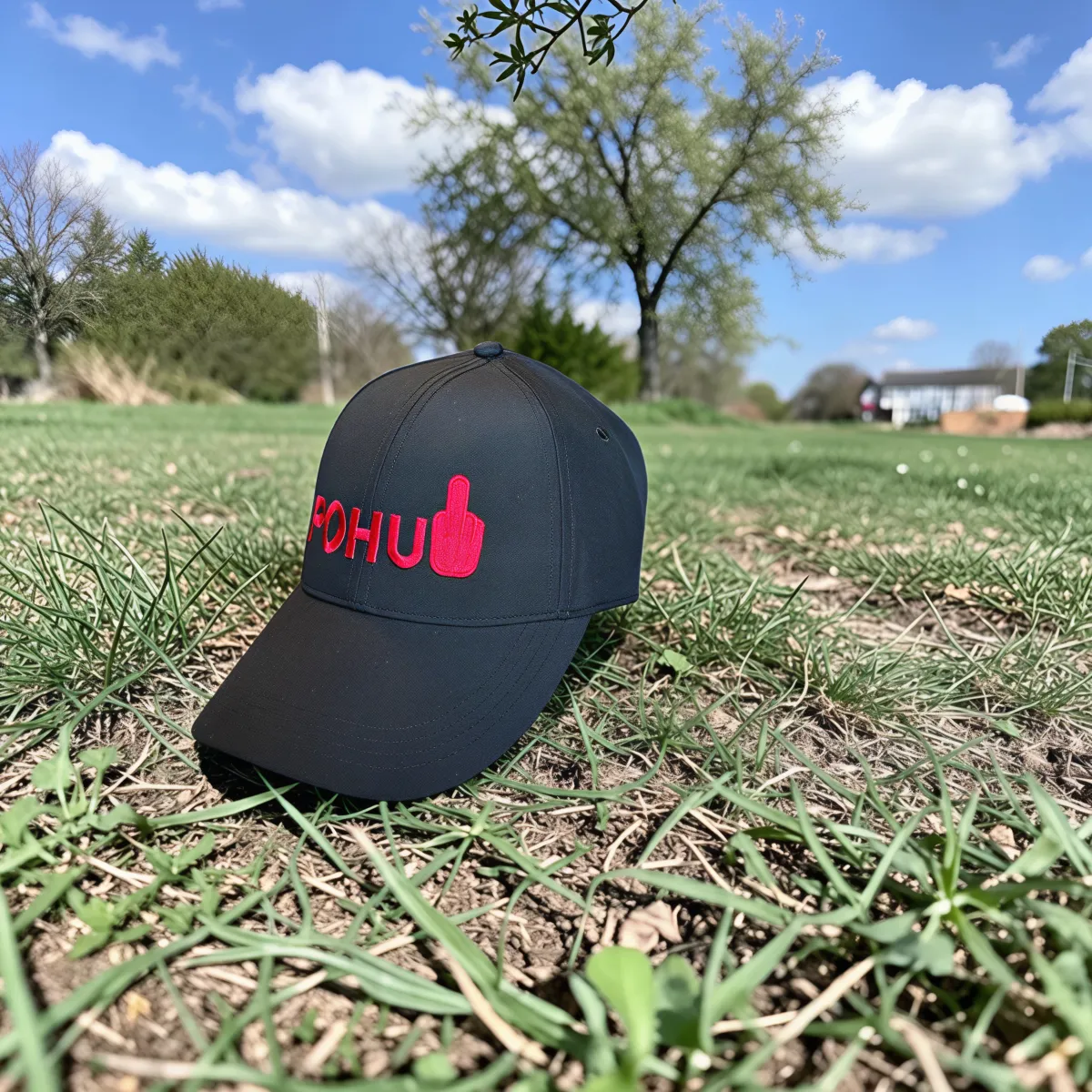 Klassische Cap "POHU" Schwarz mit roter Stickerei