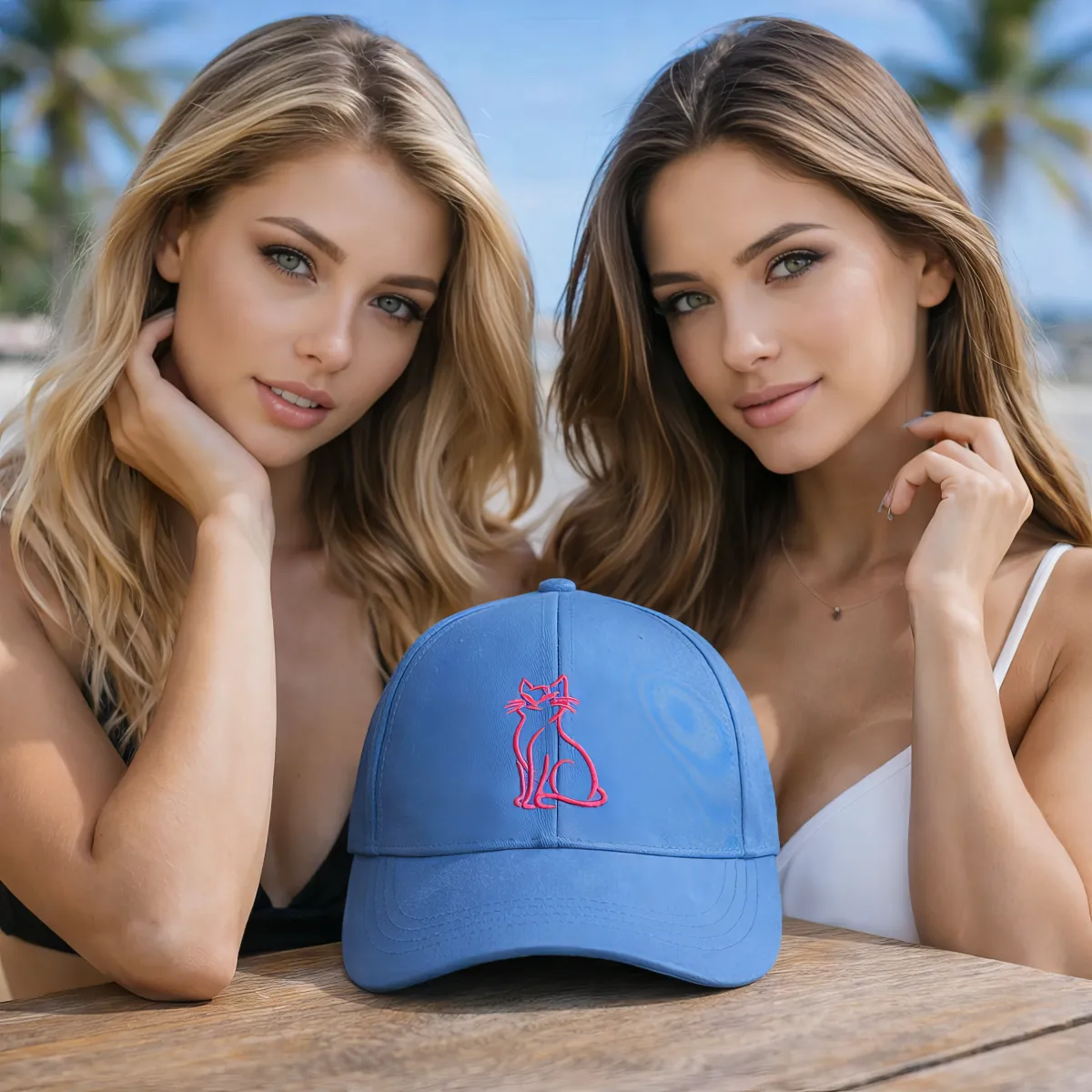 Klassische Cap "Cat Outline" Blau mit roter Stickerei