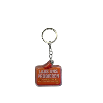 Acryl-Schlüsselanhänger "LASS UNS PROBIEREN" – Chili-Design