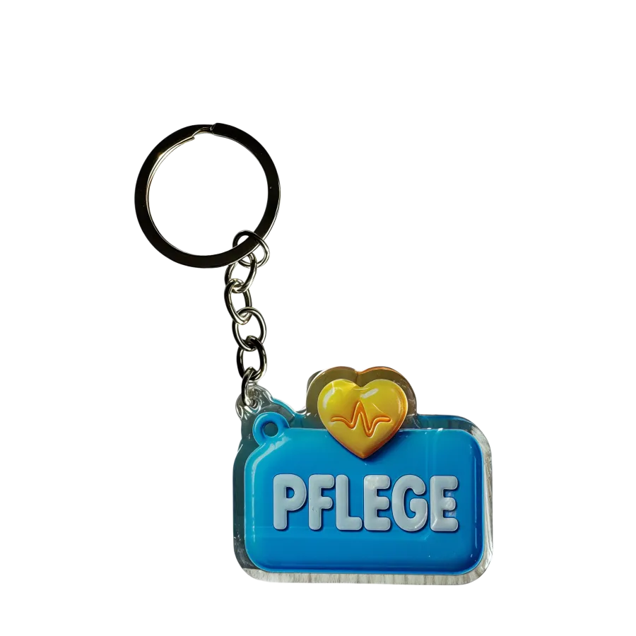 Akrylowy brelok PFLEGE (niebieski z żółtym sercem)