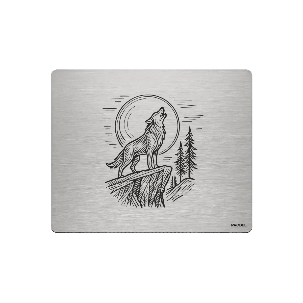 Aluminium-Mousepad PROBEL – Lasergravur „Heulender Wolf bei Mondschein