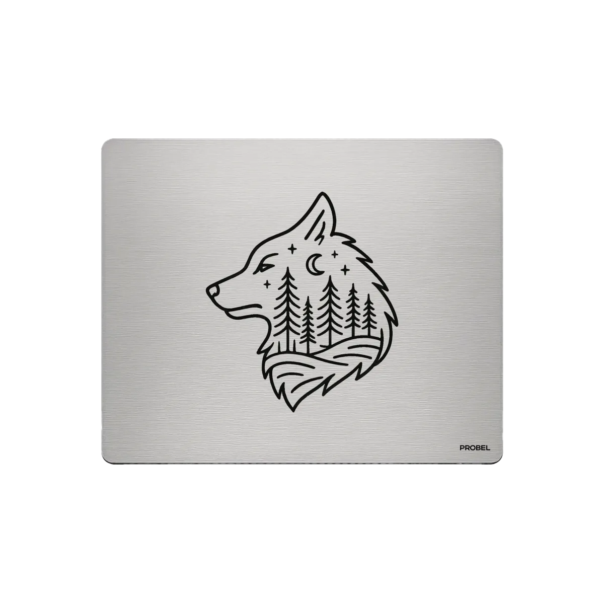 Aluminium-Mousepad PROBEL – Lasergravur „Wolf im Wald bei Nacht“