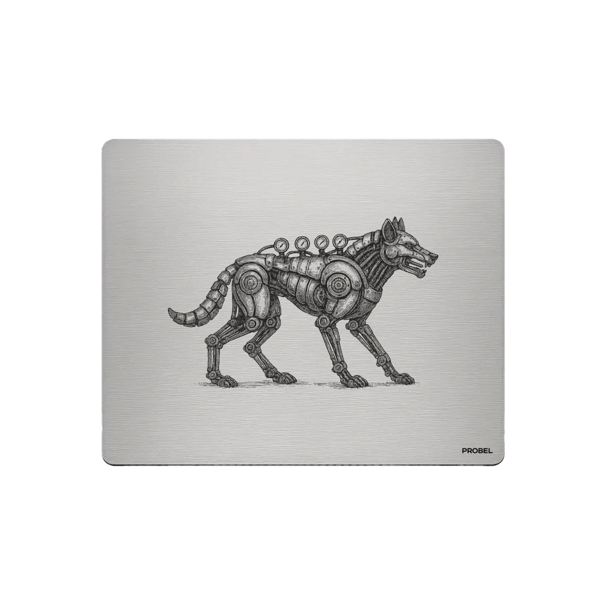 Aluminium-Mousepad – Lasergravur „Mechanischer Wolf“