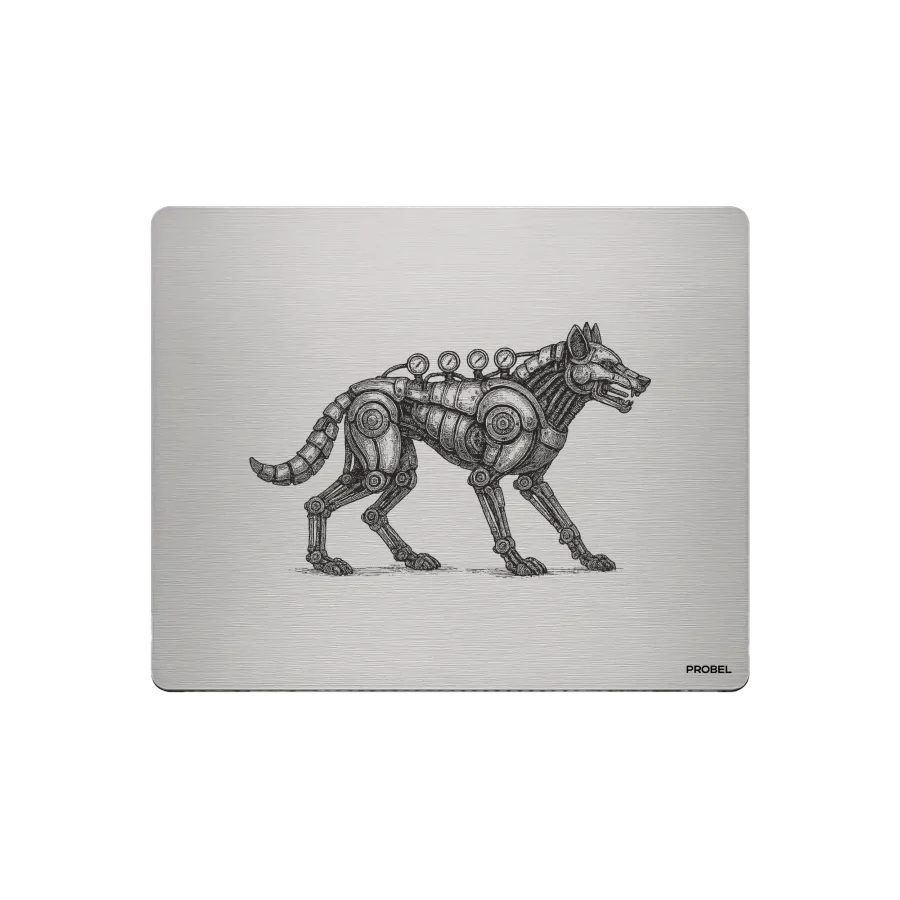 Aluminium-Mousepad – Lasergravur „Mechanischer Wolf“