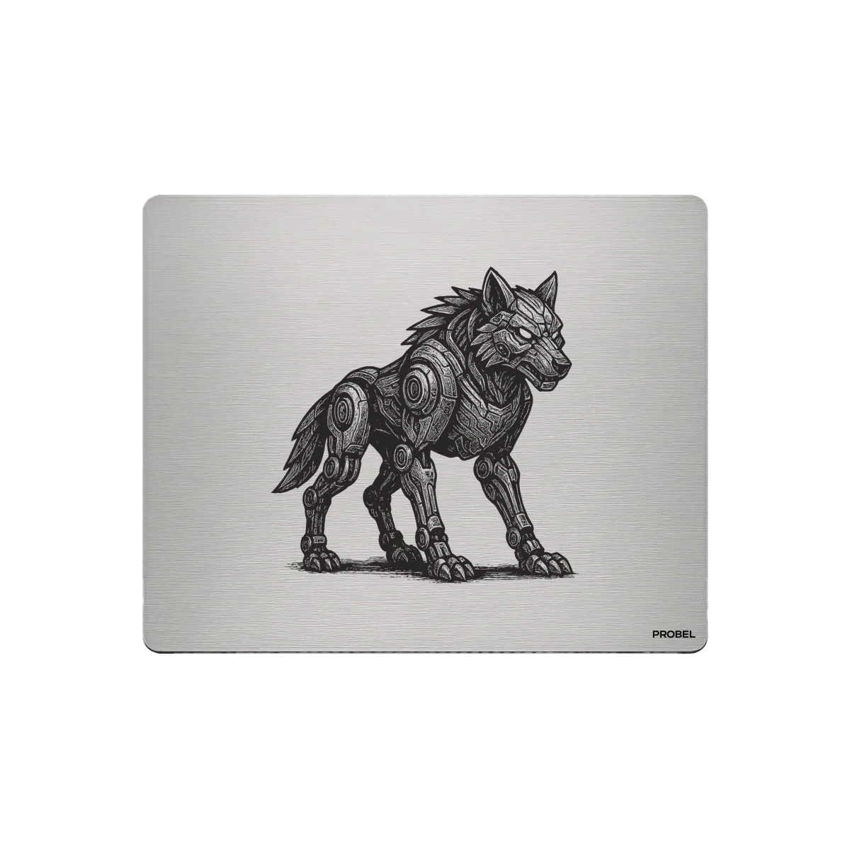 Aluminium-Mousepad – Lasergravur „Gepanzerter Cyber-Wolf“
