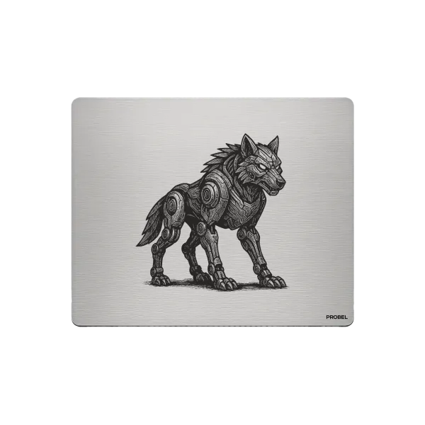 Aluminium-Mousepad – Lasergravur „Gepanzerter Cyber-Wolf“
