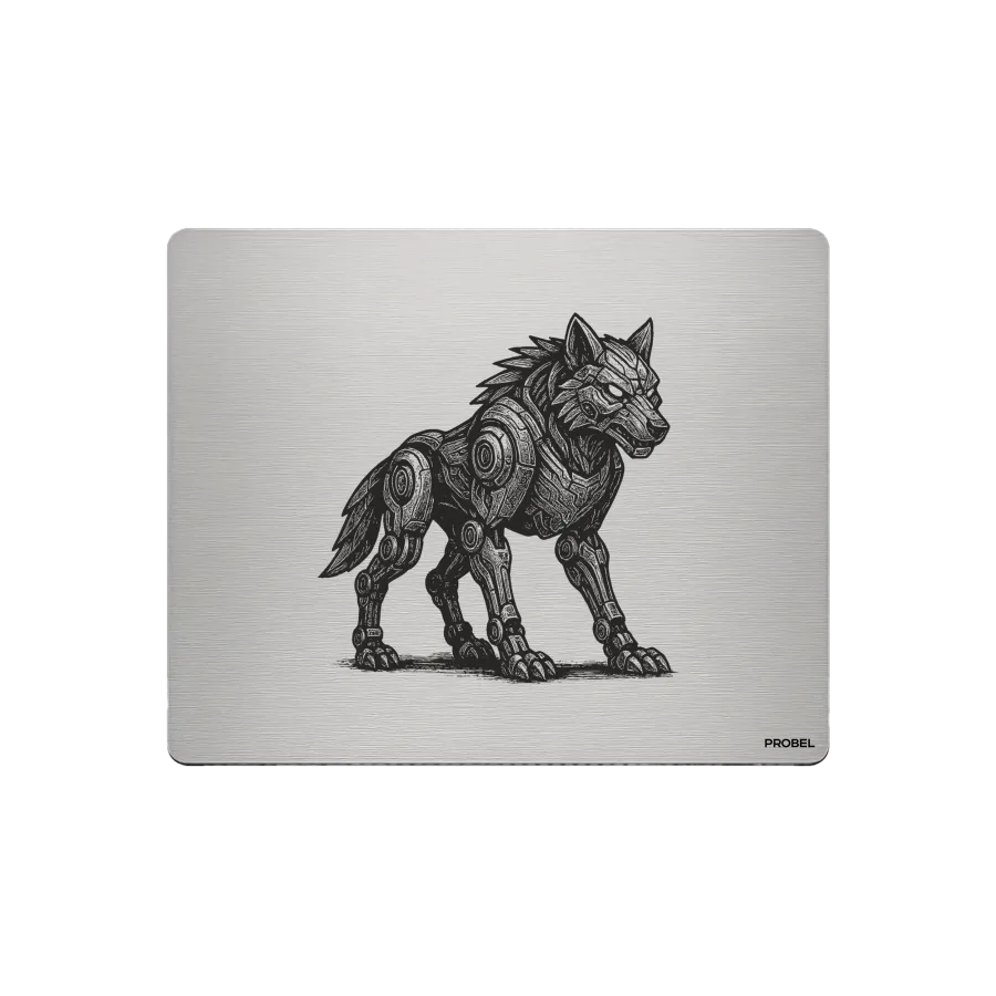Aluminium-Mousepad – Lasergravur „Gepanzerter Cyber-Wolf“