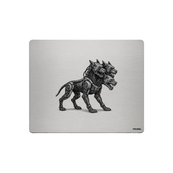 Aluminium-Mousepad – Lasergravur „Dreiköpfiger Cyber-Wolf“