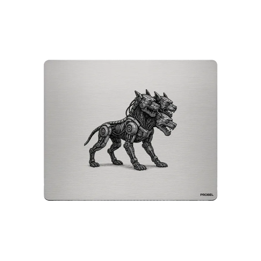 Aluminium-Mousepad – Lasergravur „Dreiköpfiger Cyber-Wolf“