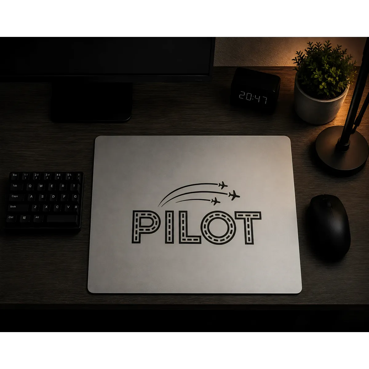 Aluminium-Mousepad – Lasergravur „PILOT mit Runway-Schrift“