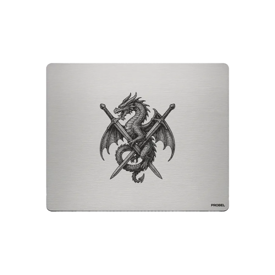Aluminium-Mousepad – Lasergravur „Dragon & Crossed Swords“