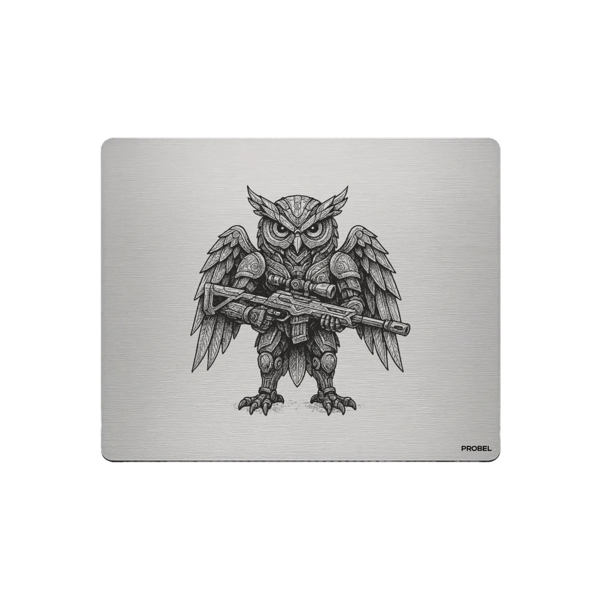 Aluminium-Mousepad – Lasergravur „Mechanical Owl Warrior“