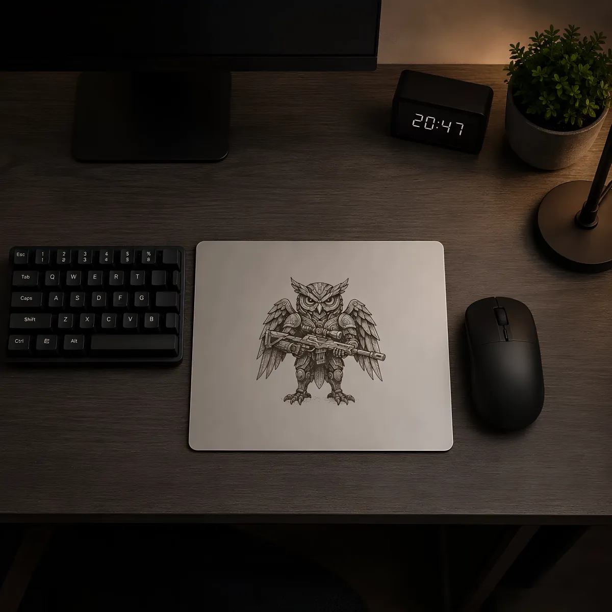 Aluminium-Mousepad – Lasergravur „Mechanical Owl Warrior“
