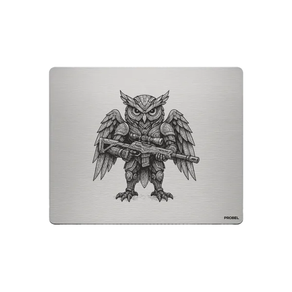 Aluminium-Mousepad – Lasergravur „Mechanical Owl Warrior“