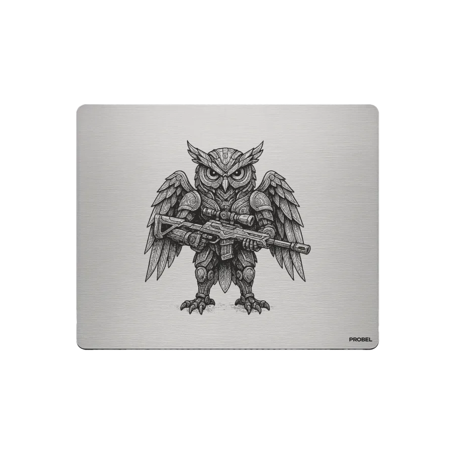 Aluminium-Mousepad – Lasergravur „Mechanical Owl Warrior“