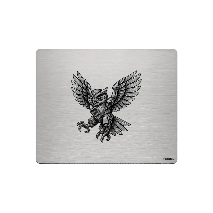 Alfombrilla de ratón de aluminio – grabado láser “Mechanical Owl Flight”