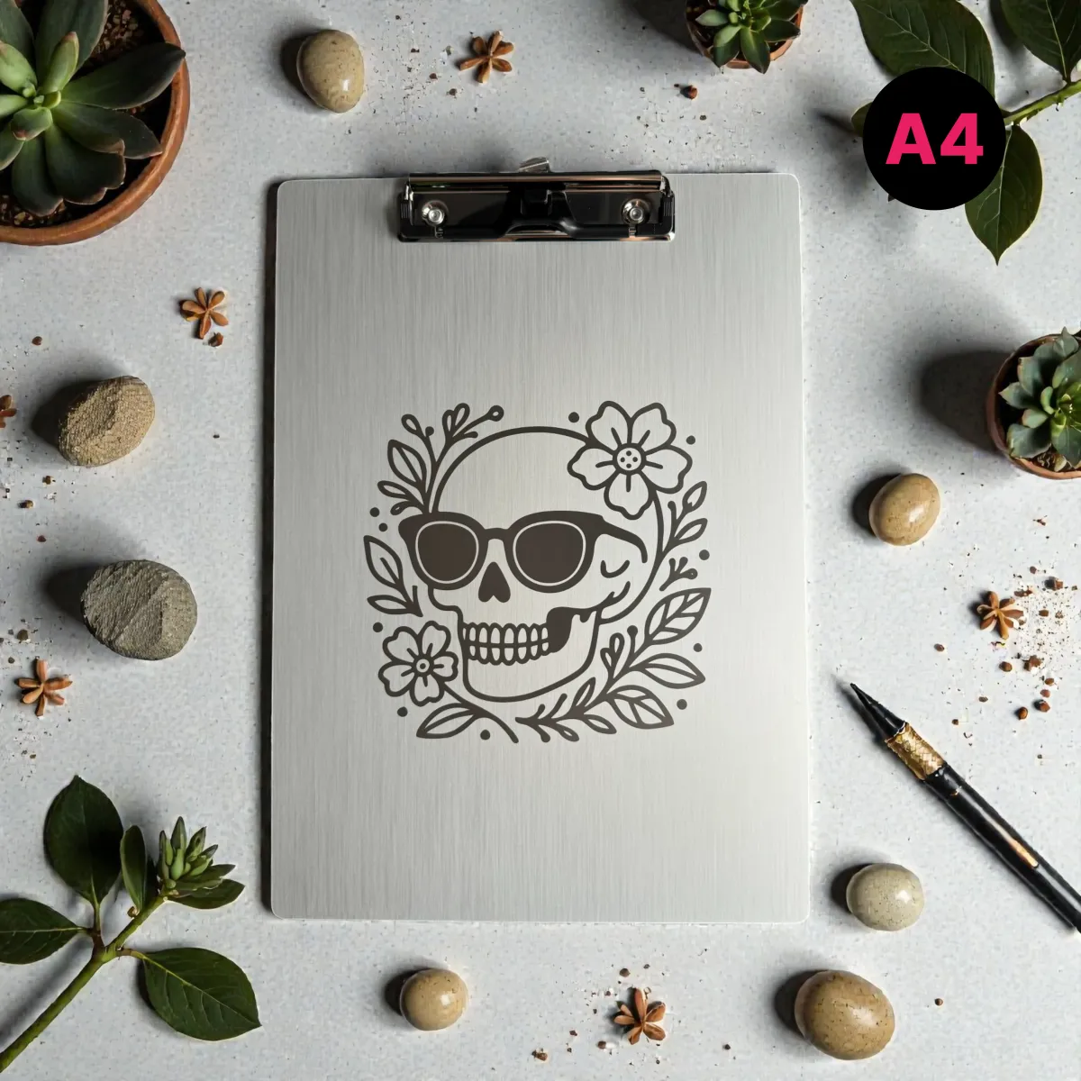 Aluminium Klemmbrett – Skull Flower Motiv – A4 A5 A6