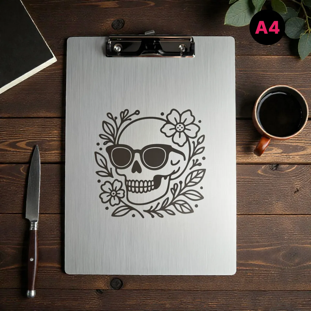 Aluminium Klemmbrett – Skull Flower Motiv – A4 A5 A6