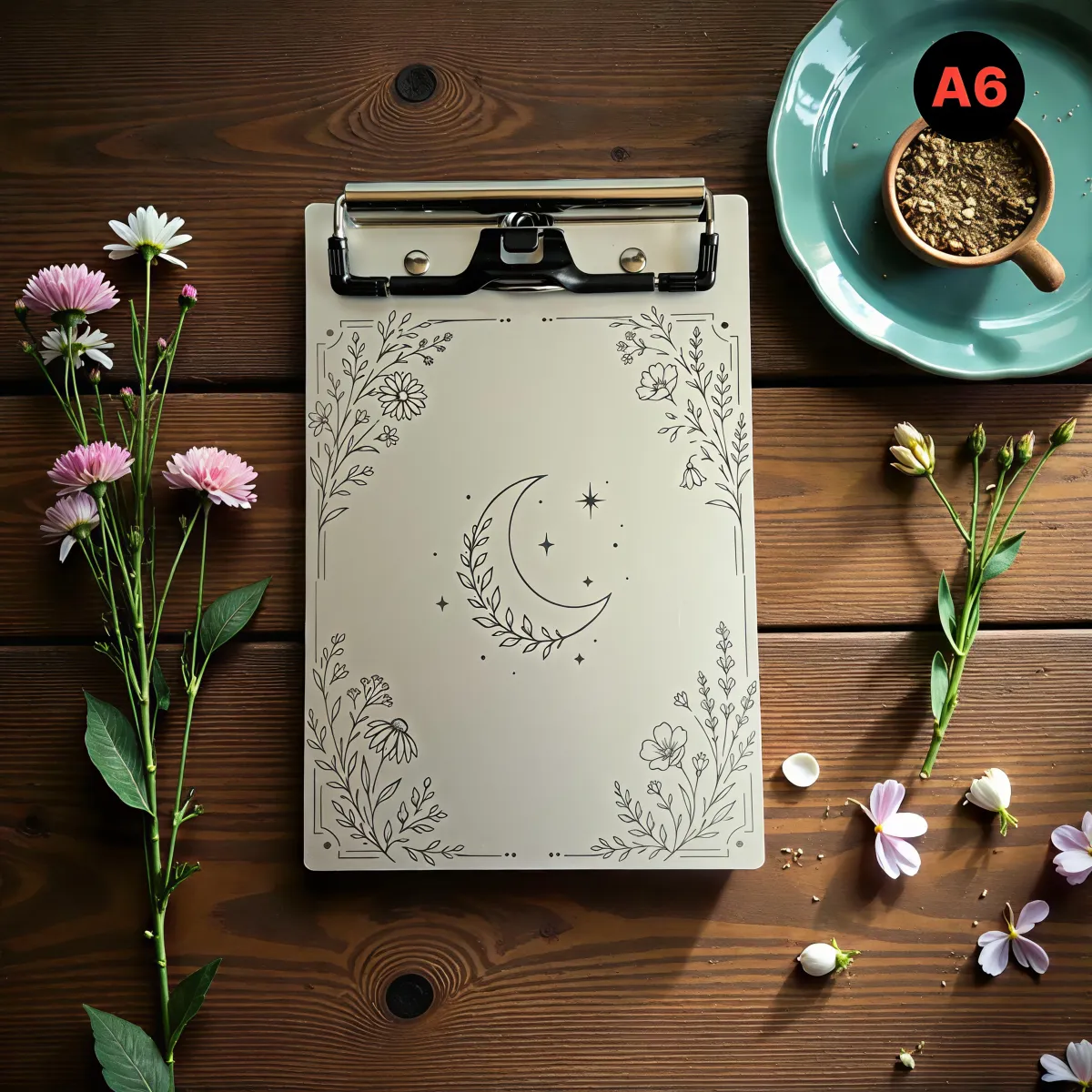Aluminium Klemmbrett – Mond & Blumen Motiv – A4 A5 A6