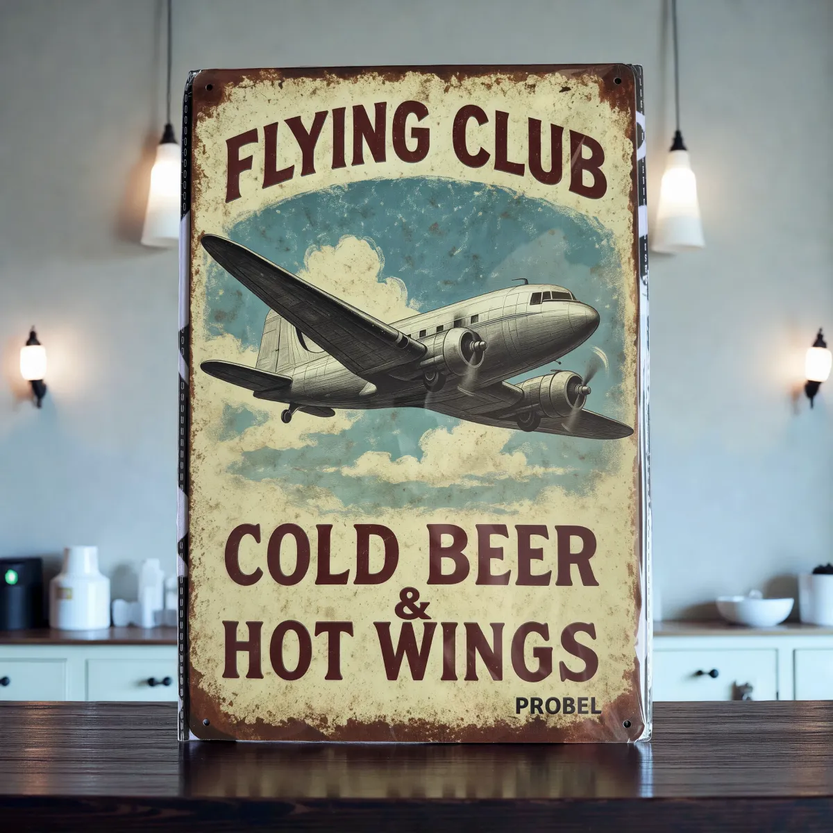 Metallschild "Flying Club – Cold Beer & Hot Wings"