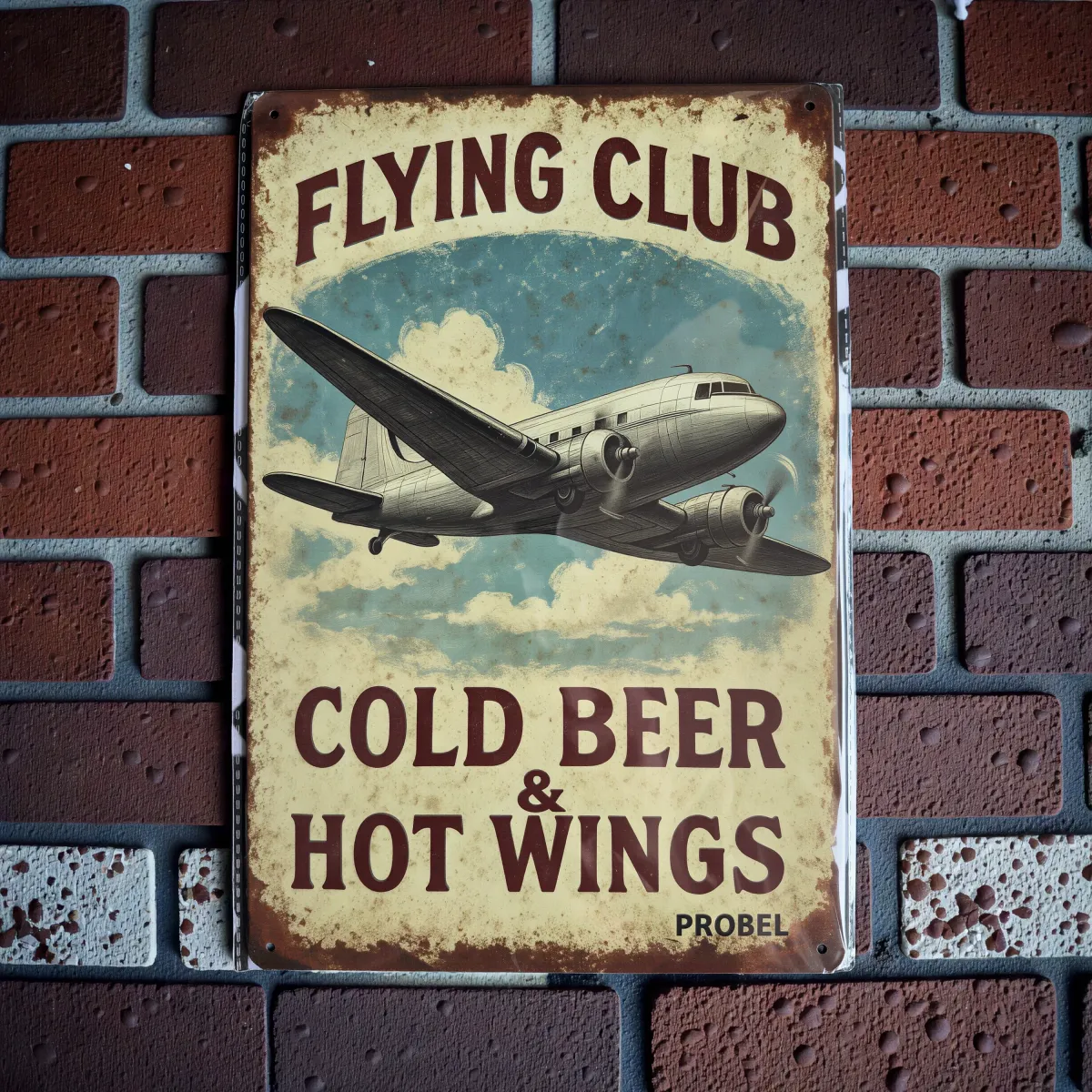 Metallschild "Flying Club – Cold Beer & Hot Wings"