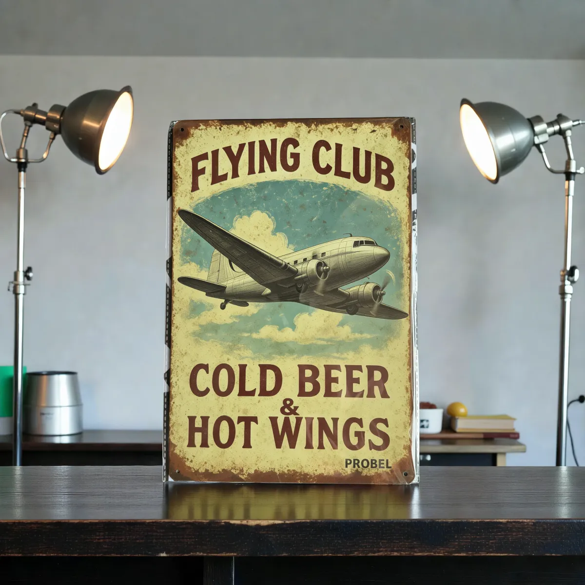 Metallschild "Flying Club – Cold Beer & Hot Wings"