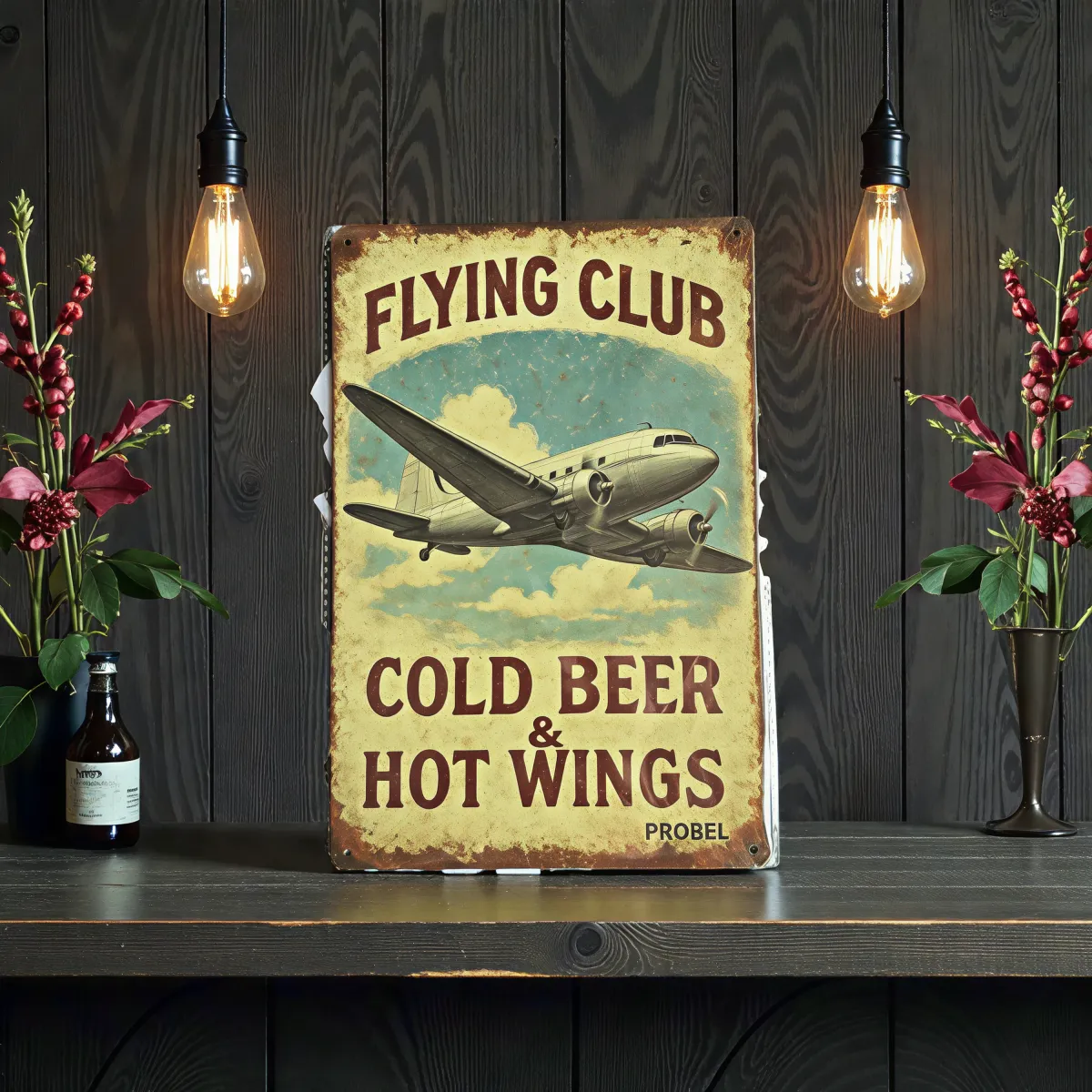 Metallschild "Flying Club – Cold Beer & Hot Wings"