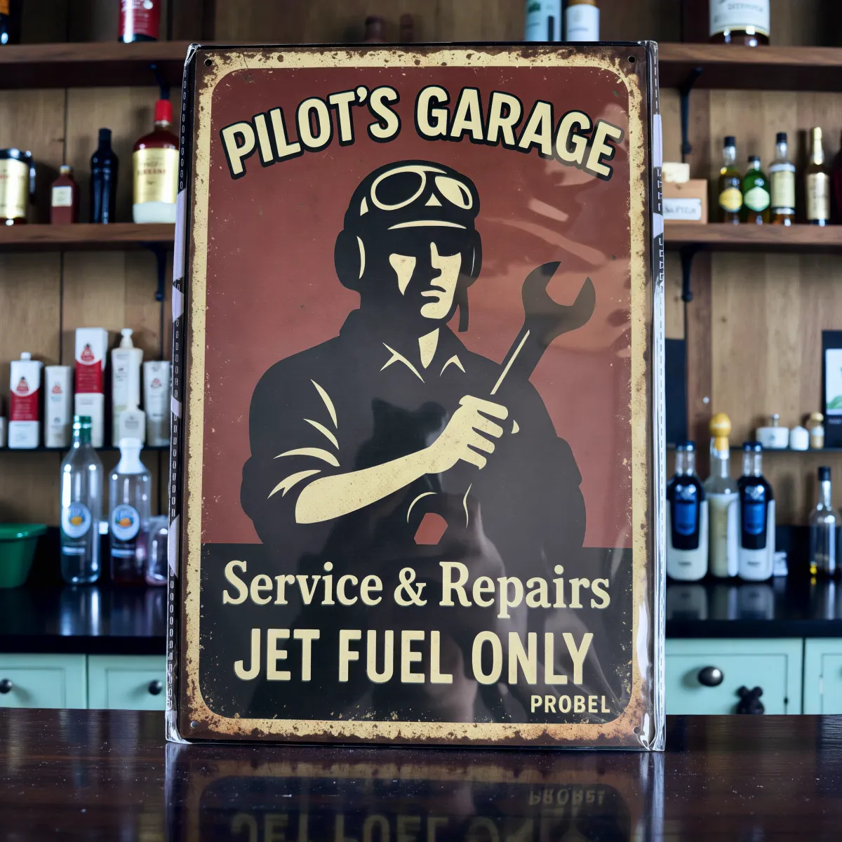 Metallschild "Pilot's Garage – Service & Repairs – Jet Fuel Only"