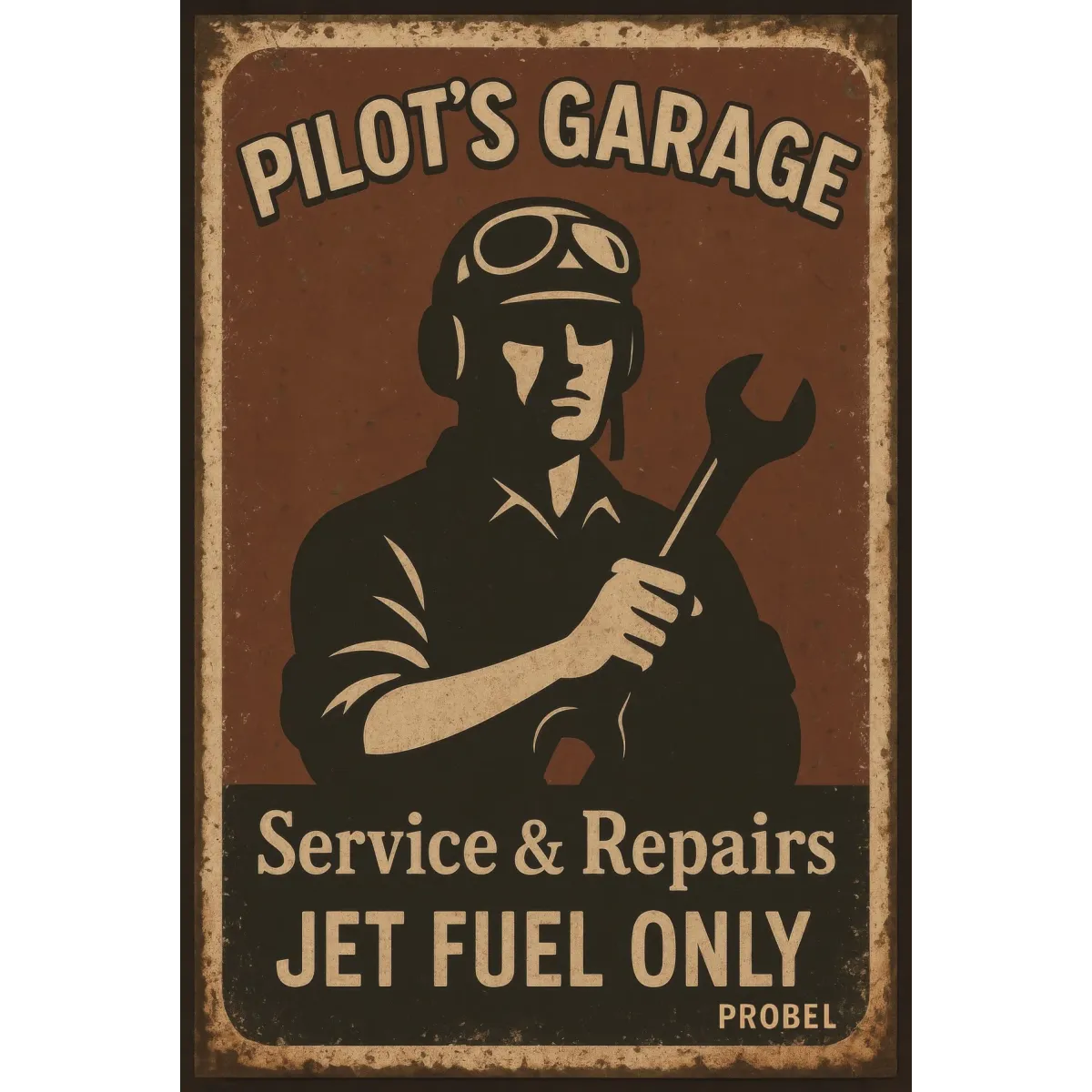 Metallschild "Pilot's Garage – Service & Repairs – Jet Fuel Only"