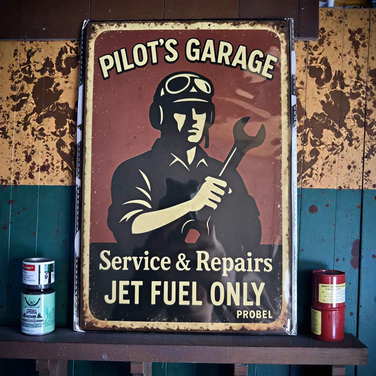 Metallschild "Pilot's Garage – Service & Repairs – Jet Fuel Only"