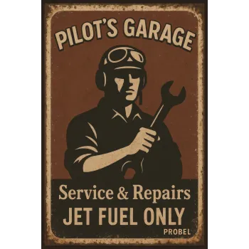 Metallschild "Pilot's Garage – Service & Repairs – Jet Fuel Only"