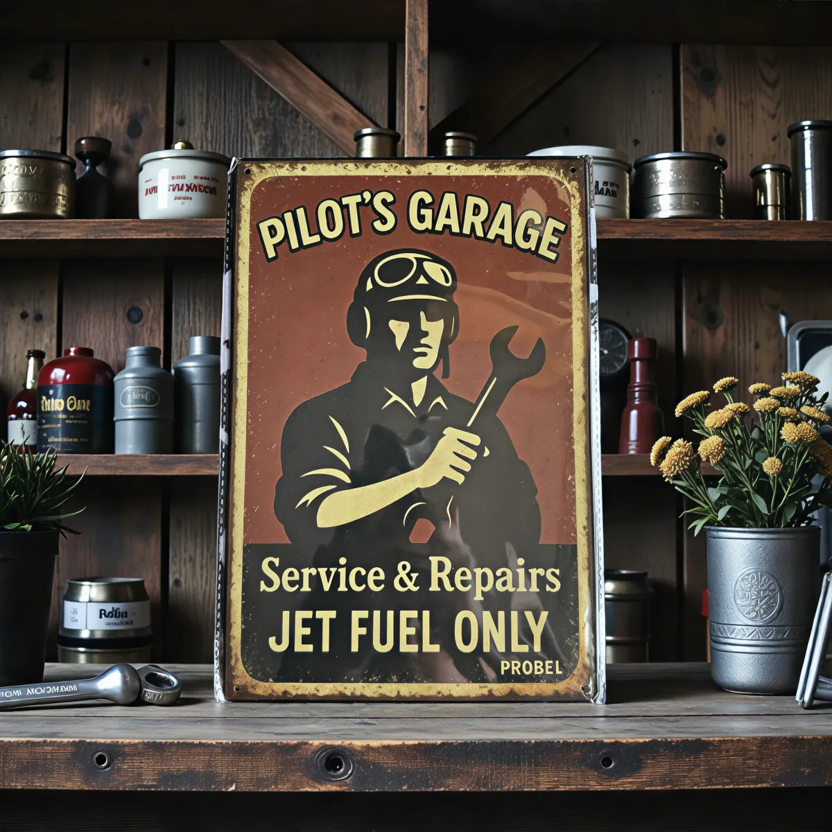 Metallschild "Pilot's Garage – Service & Repairs – Jet Fuel Only"