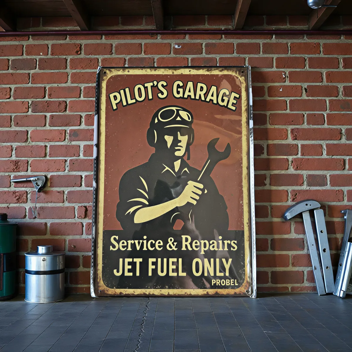 Metallschild "Pilot's Garage – Service & Repairs – Jet Fuel Only"