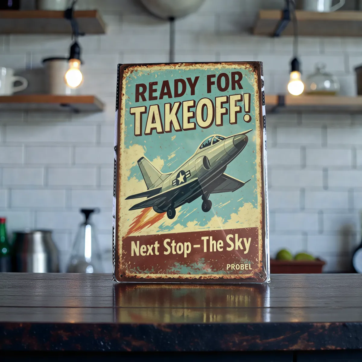 Metallschild "Ready for Takeoff! – Next Stop: The Sky"