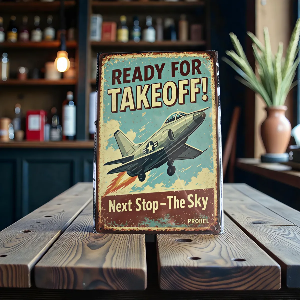 Metallschild "Ready for Takeoff! – Next Stop: The Sky"