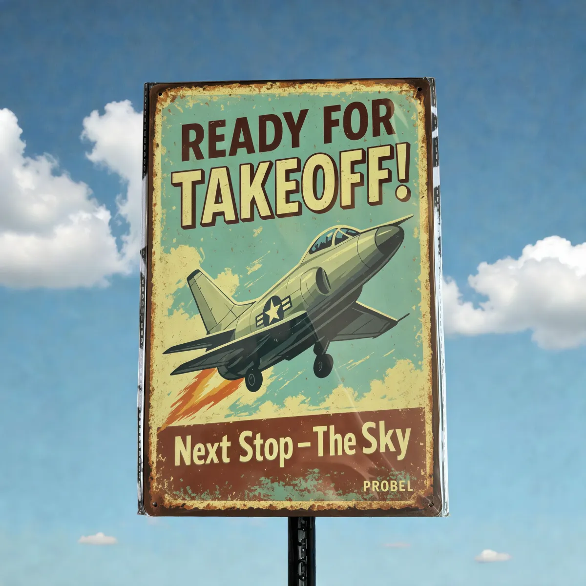 Metallschild "Ready for Takeoff! – Next Stop: The Sky"