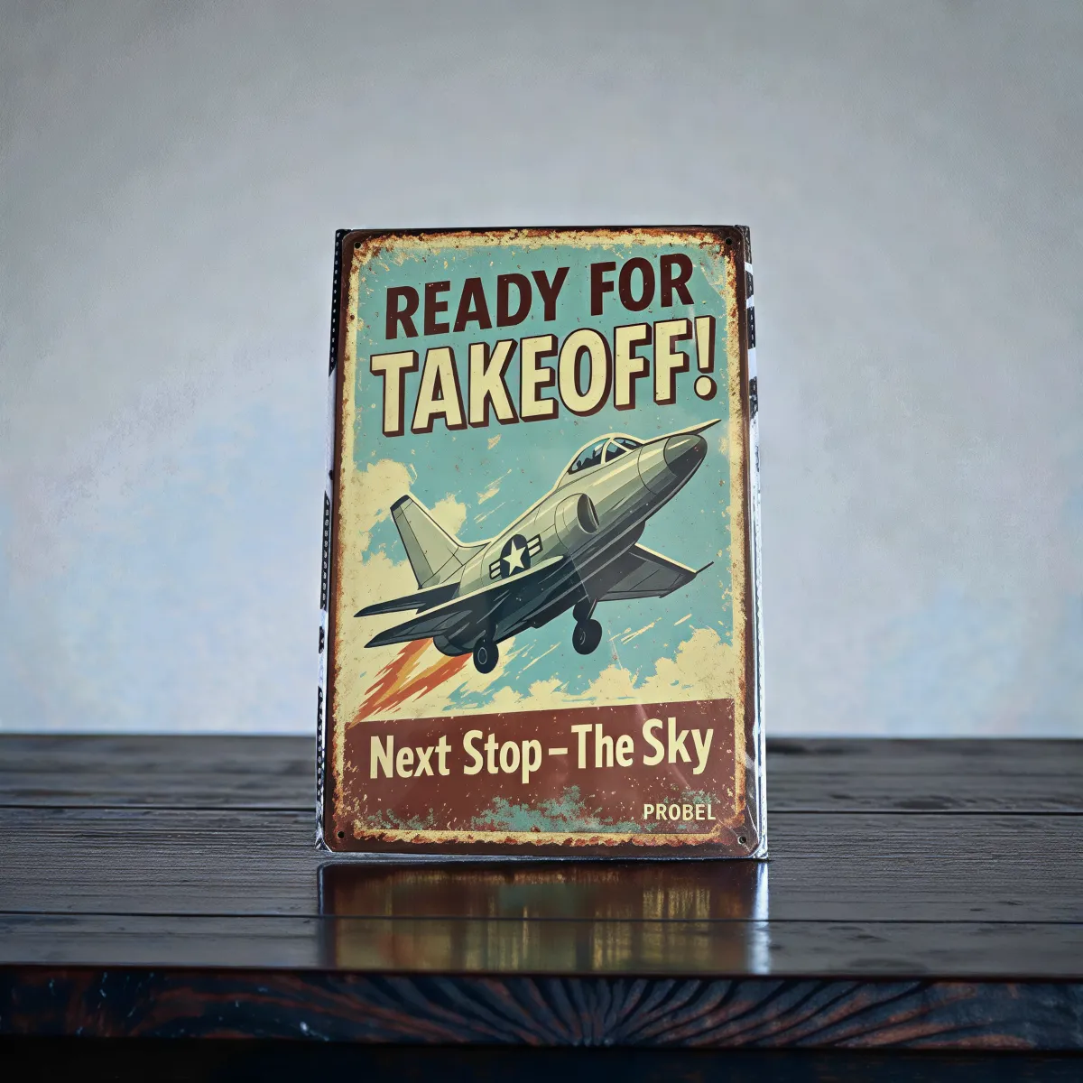Metallschild "Ready for Takeoff! – Next Stop: The Sky"