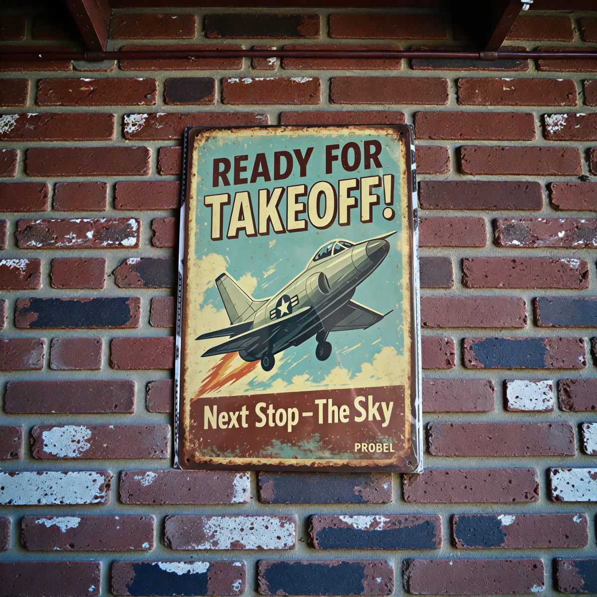 Metallschild "Ready for Takeoff! – Next Stop: The Sky"