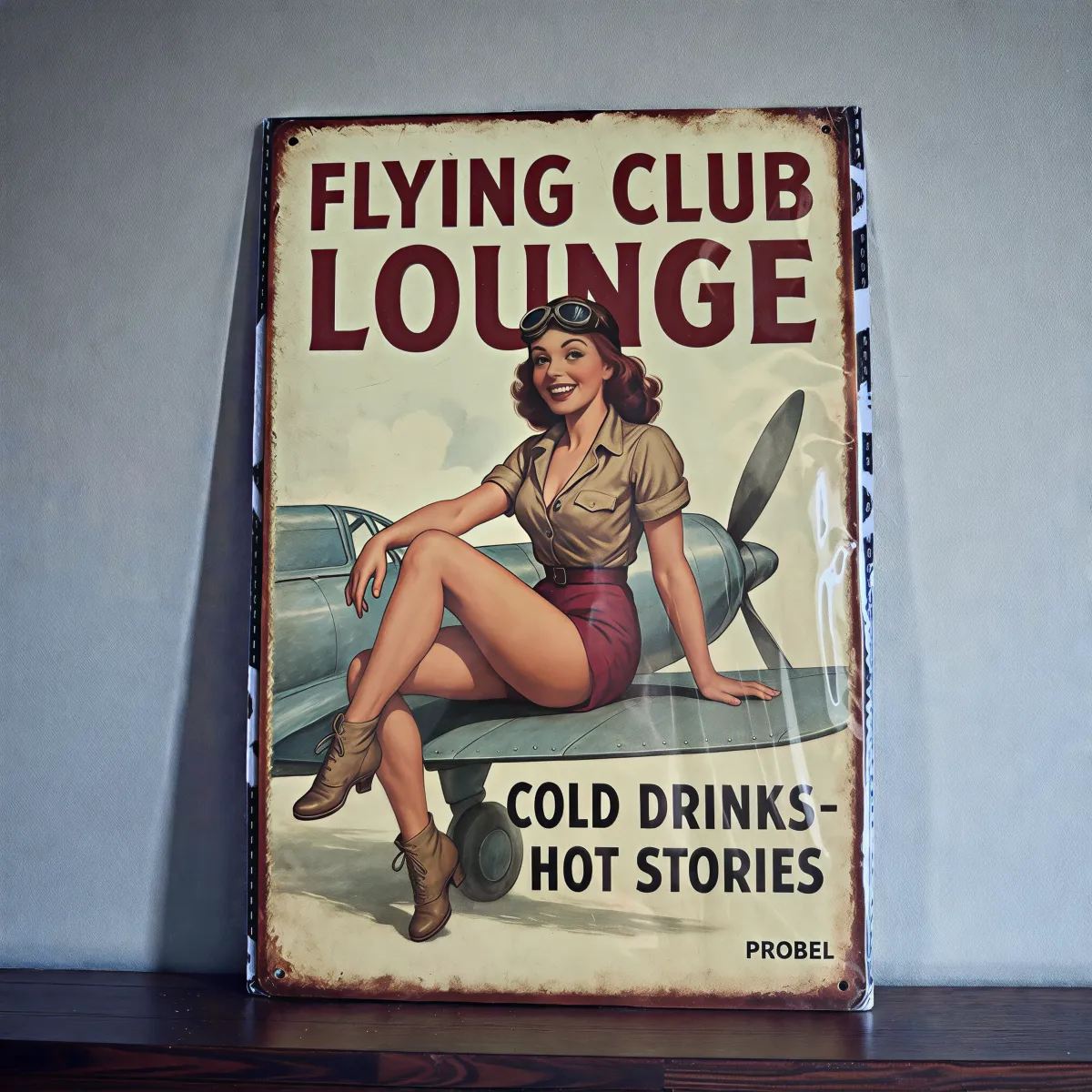 Metallschild "Flying Club Lounge – Cold Drinks – Hot Stories"