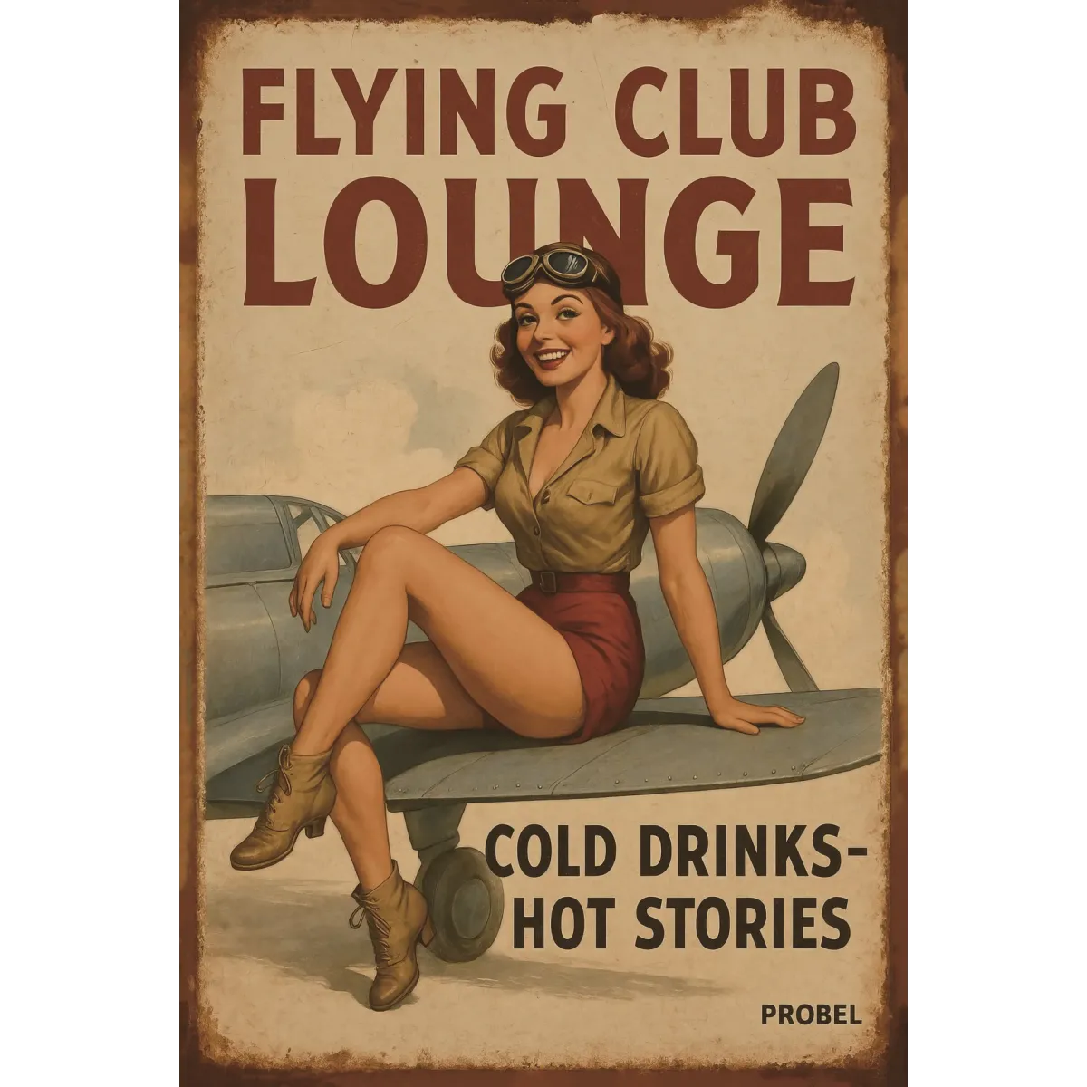 Metallschild "Flying Club Lounge – Cold Drinks – Hot Stories"