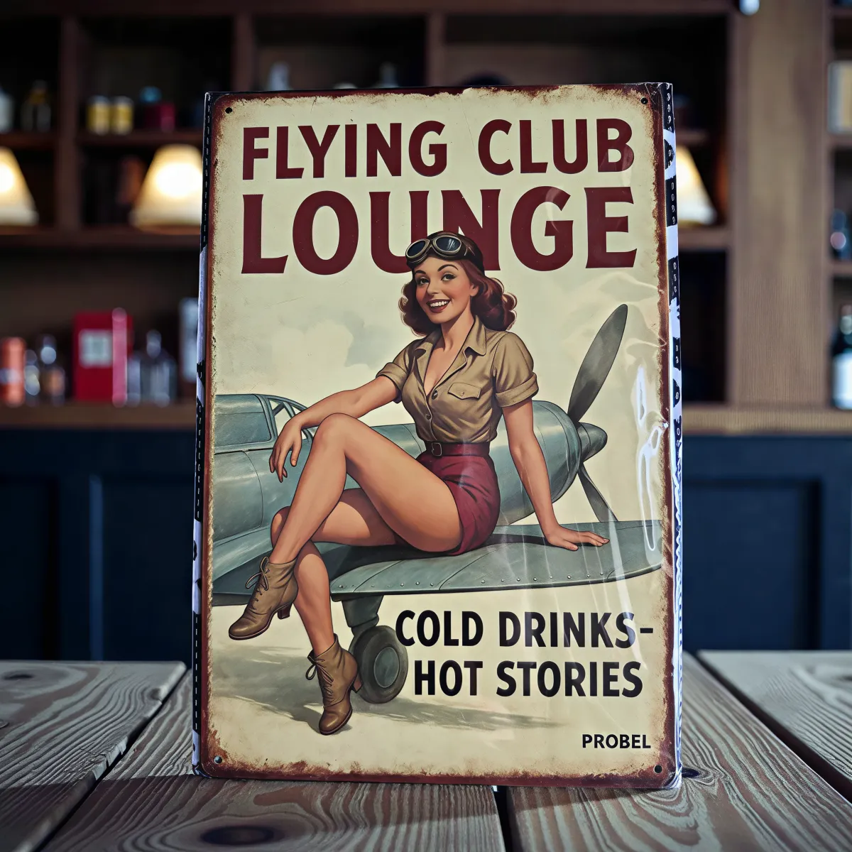 Metallschild "Flying Club Lounge – Cold Drinks – Hot Stories"
