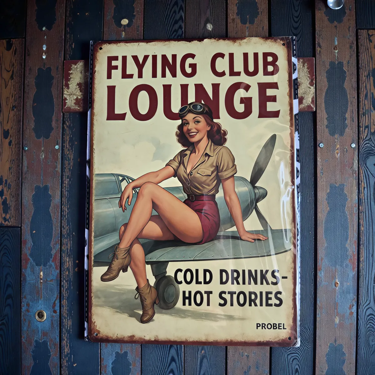 Metallschild "Flying Club Lounge – Cold Drinks – Hot Stories"