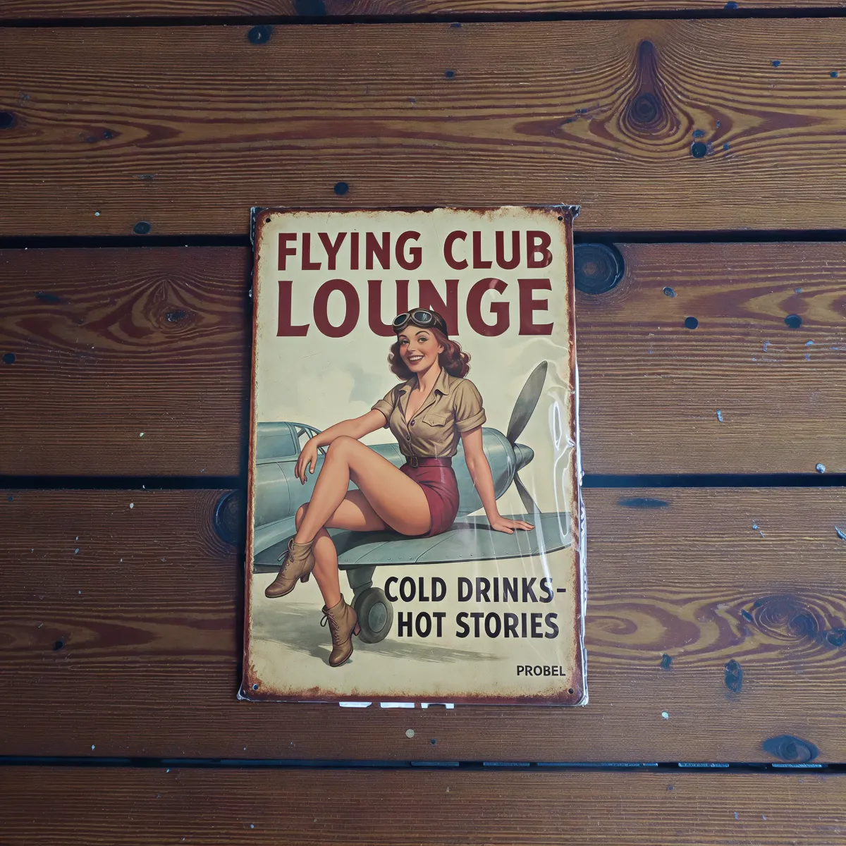 Metallschild "Flying Club Lounge – Cold Drinks – Hot Stories"