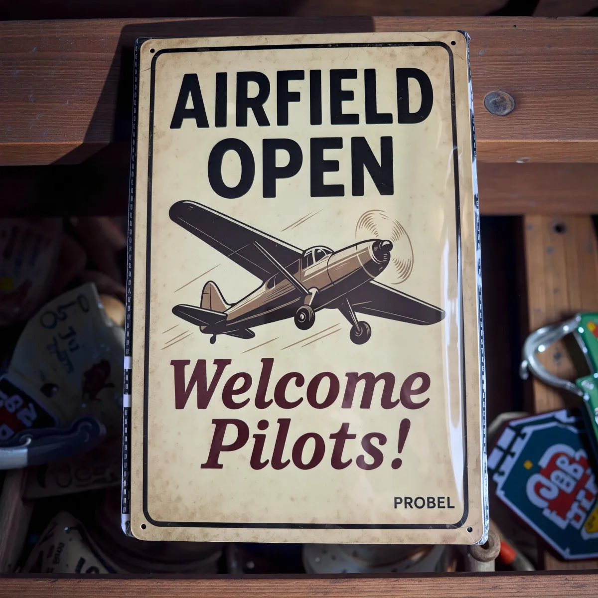 Metallschild "Airfield Open – Welcome Pilots!"