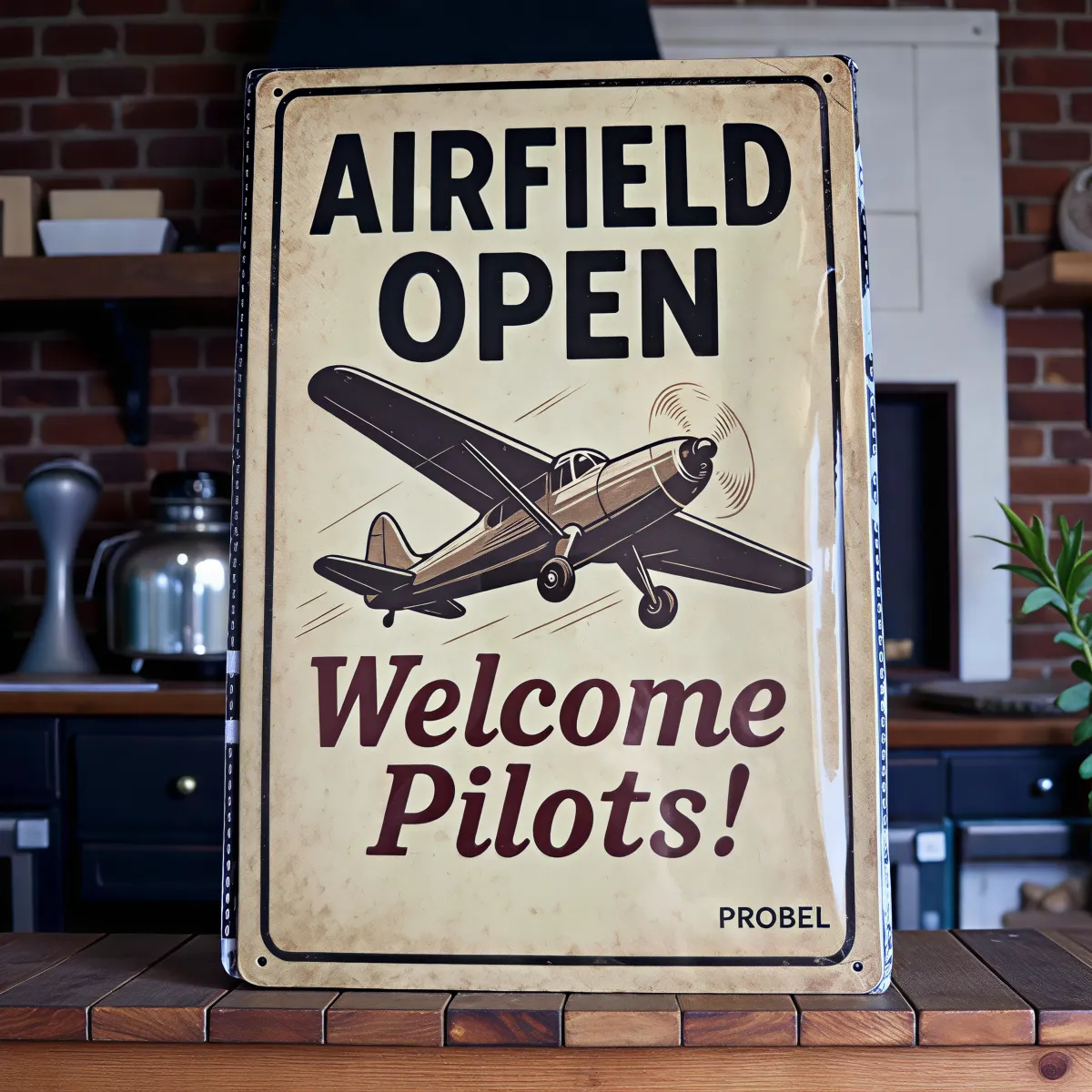 Metallschild "Airfield Open – Welcome Pilots!"