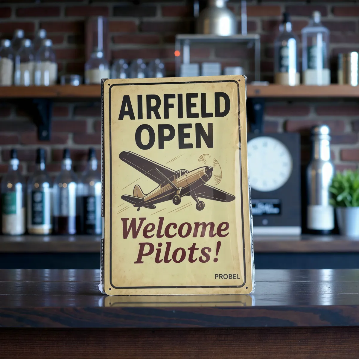Metallschild "Airfield Open – Welcome Pilots!"