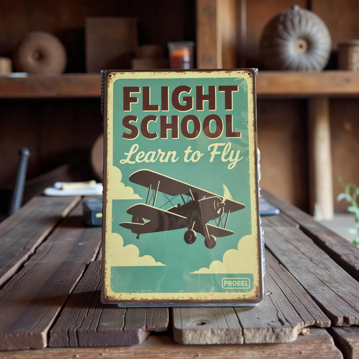 Kovová cedule "Flight School – Learn to Fly"