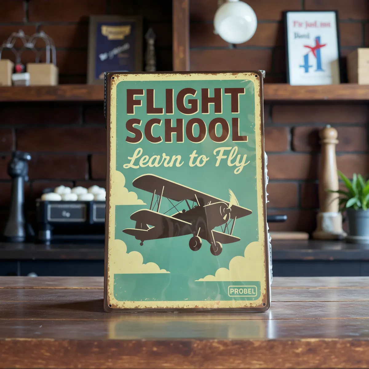 Kovová cedule "Flight School – Learn to Fly"